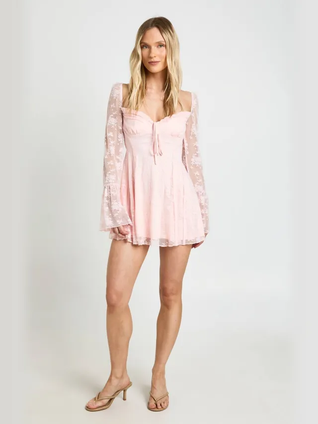 boohoo Dames Petite Kanten Babydoll Jurk Met Wijde Mouwen Mini Baby Roze