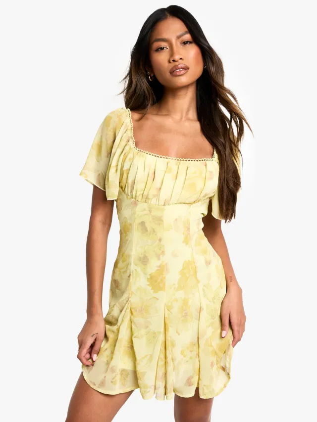 boohoo Dames Bloemige Melkmeid Godet Zoom Mini Jurk Citroen