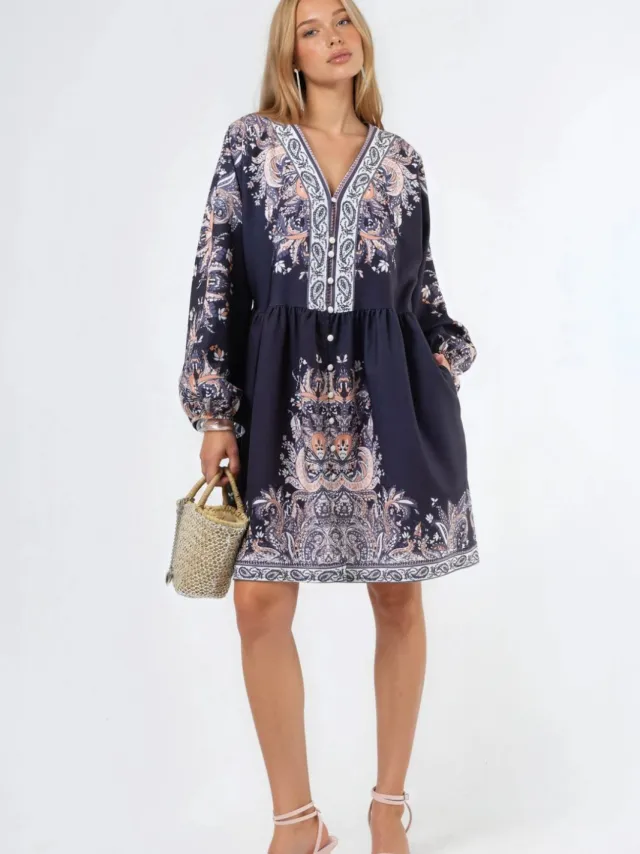 MSN Collection Gestrikt Mini-Jurk met V-hals in Paisley Zwart
