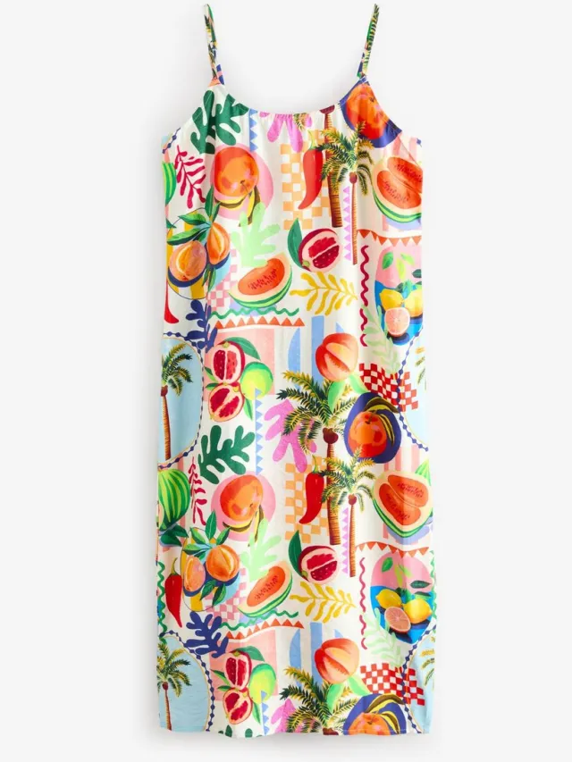 Next Dames - Halflange zomerslipdress - Tall - Crème Fruit Palm Print