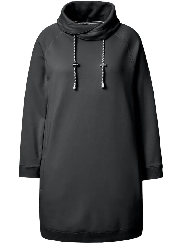 Ulla Popken Dames - Sweatjurk opstaande kraag lange mouw zakken - Zwart - Maat 54+
