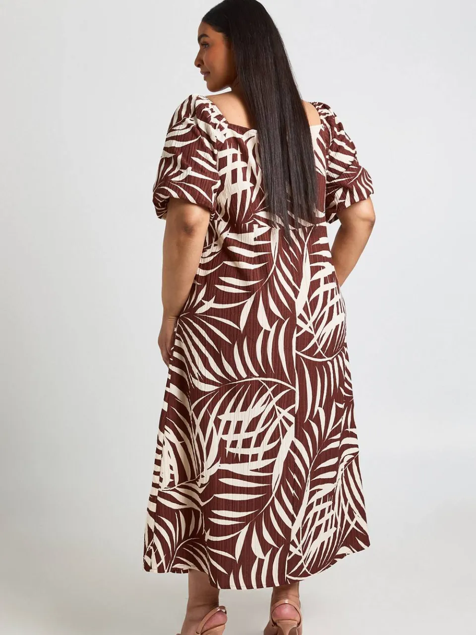 boohoo Dames Midaxi Jurk Met Palmbladprint, Textuur En Volumemouwen chocoladebruin, foto 2