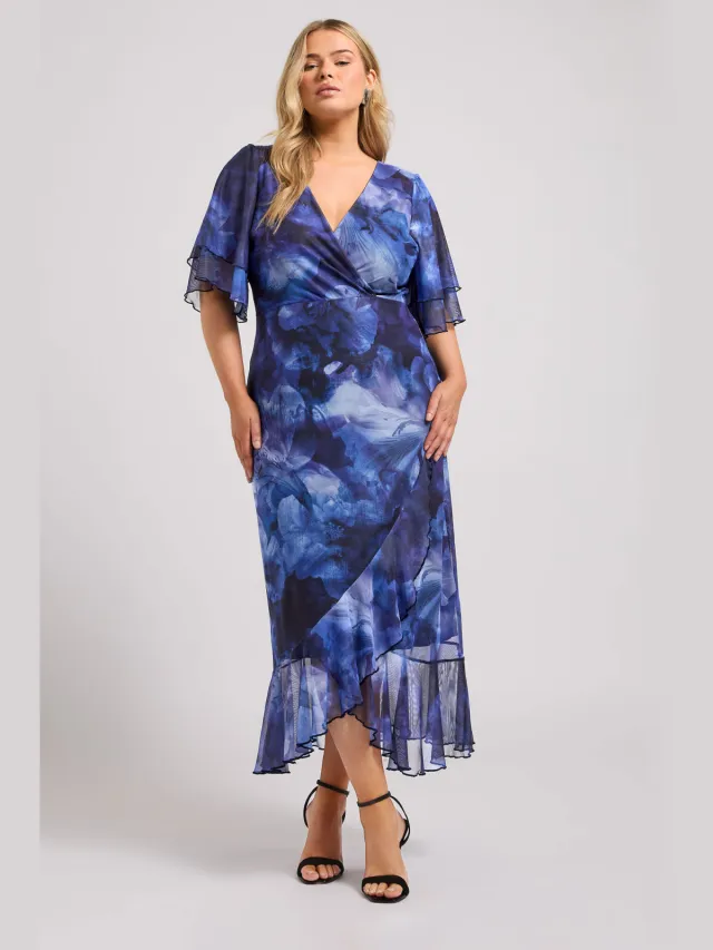 Yours London Wikkeljurk Met Vervaagde Bloemenprint En Ruches In Blauw Blue