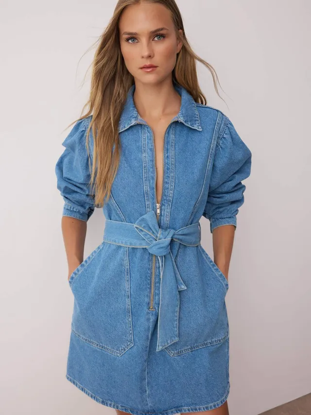 Trendyol TRENDYOLMİLLA Dames Blauw Effen Kort / Mini Lang Casual Blousejurk Jurken