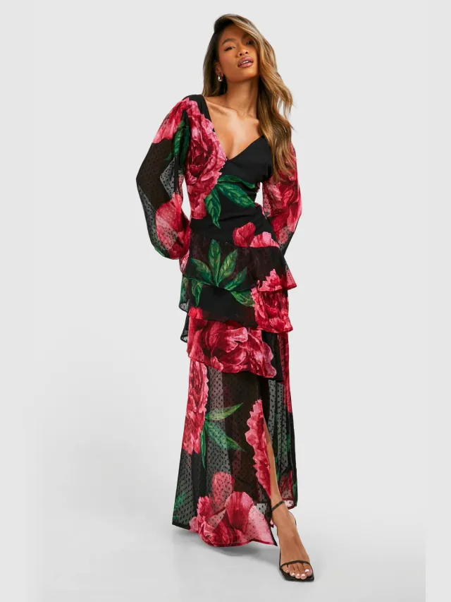 boohoo Dames Bloemen Dobby Bloemenfranje Maxi-jurk Zwart