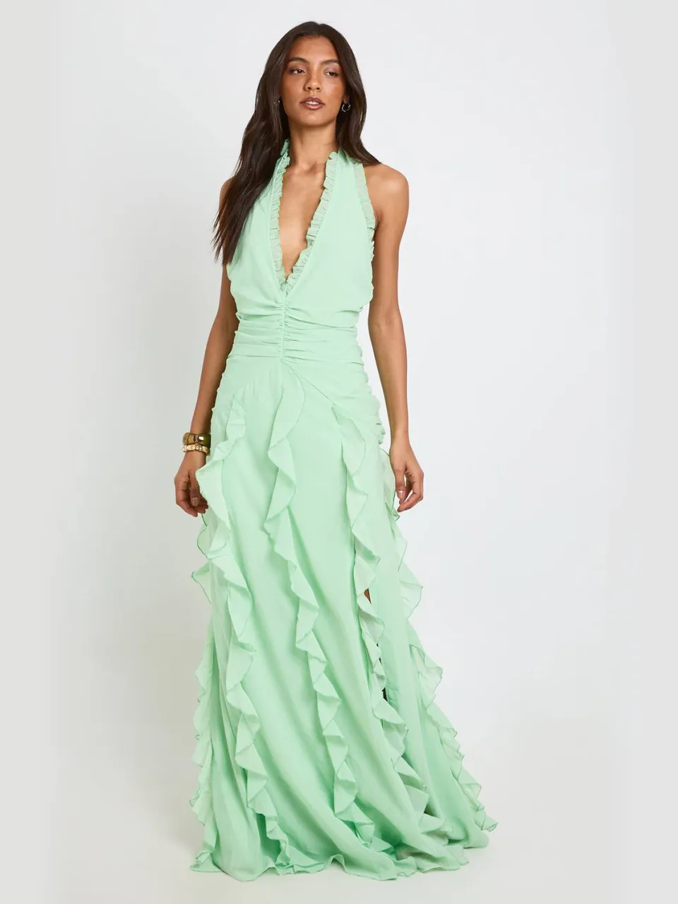 boohoo Dames Lange Chiffon Maxi Jurk Met Ruches Detail En Halternek munt, foto 3