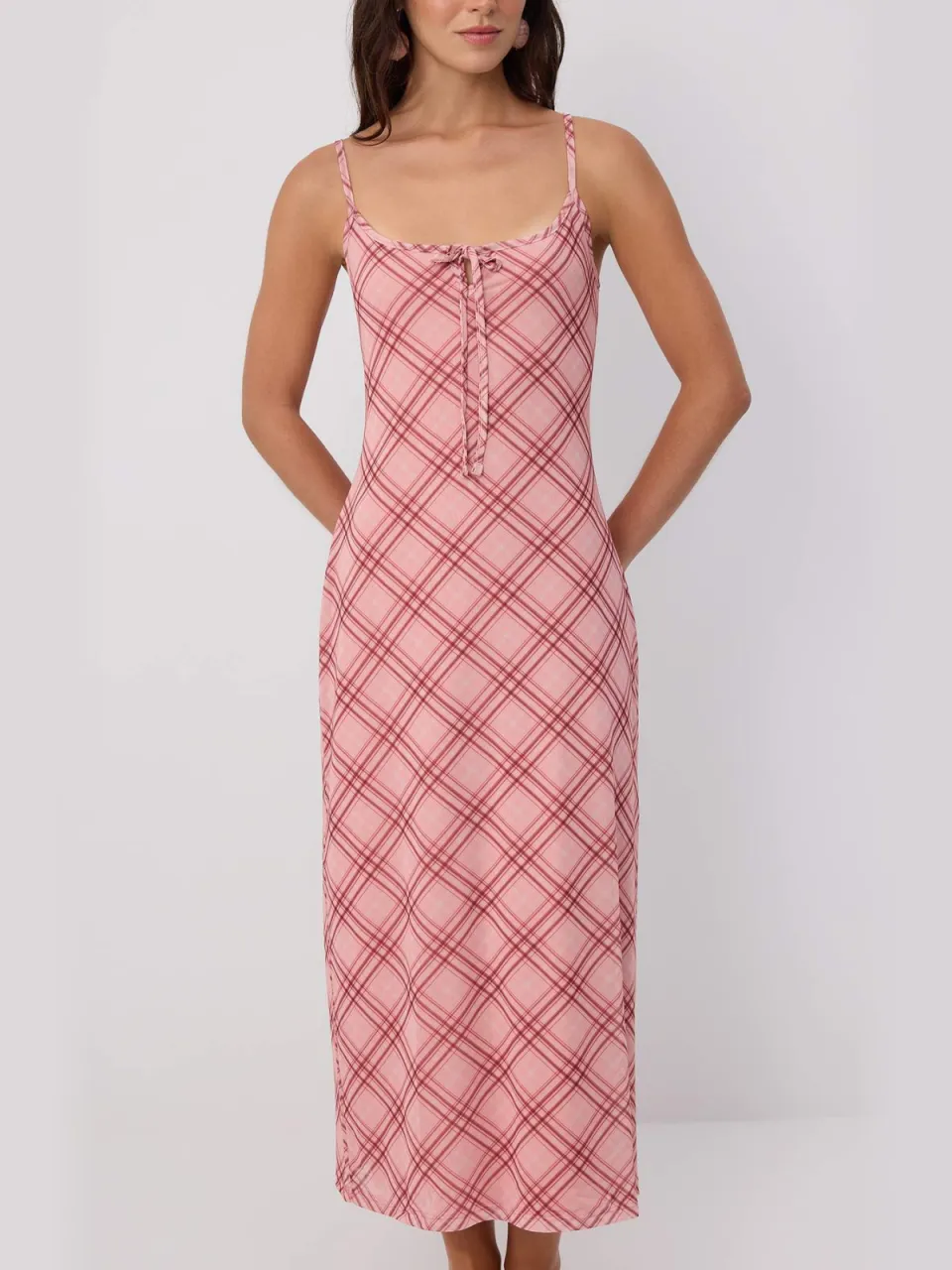 Trendyol TRENDYOLMİLLA Dames Roze Geruit Maxi Mouwloos Casual A-lijn Jurken, foto 2