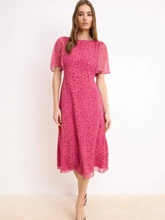 Trendyol TRENDYOLMİLLA Dames Roze Dierenprint Midi Kort Avond / Dagelijks A-lijn Jurken Fuchsia