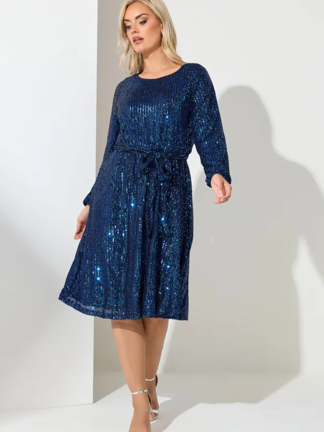 Yours London Midi Skaterjurk Met Lange Mouwen En Paillettenversiering In Blauw Blue