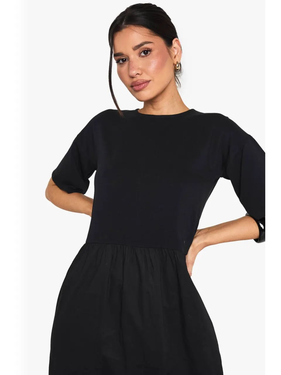 boohoo Dames Lange Jersey Katoenmix Smockjurk zwart, foto 3