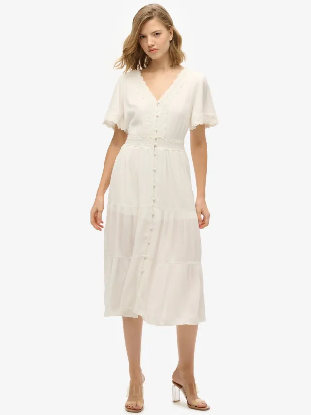 Superdry Ibiza midi-jurk met korte mouwen - Dames - Jurken off white