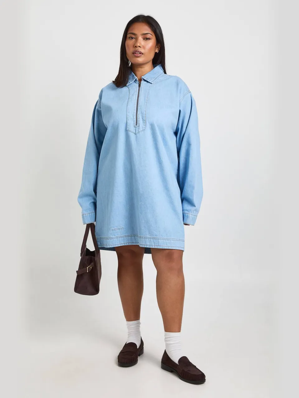 boohoo Dames Plus Denim Rits Shift Jurk, foto 3