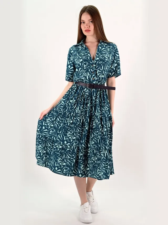 YESMOOI Midi Blousejurk met Bladprint en Ceintuur - L (40) - Petrolblauw