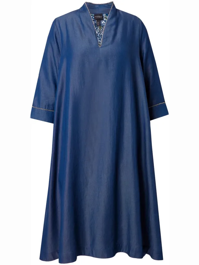 Ulla Popken Dames - Lyocell jurk denimlook gobletkraag 3/4-mouwen zakken - Donkermarine - Maat 50+