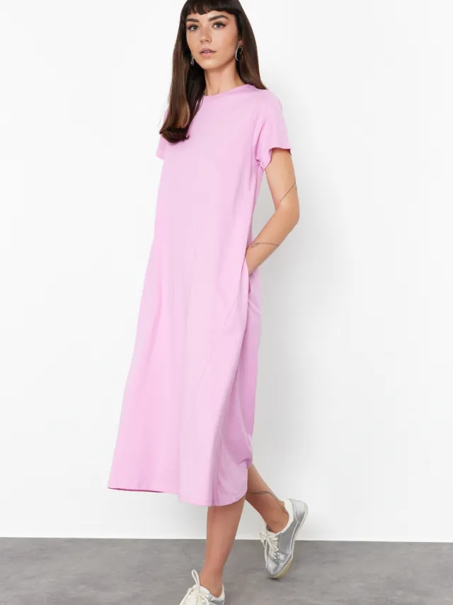 Trendyol TRENDYOLMİLLA Dames Roze Effen Midi Kort Casual A-lijn Jurken