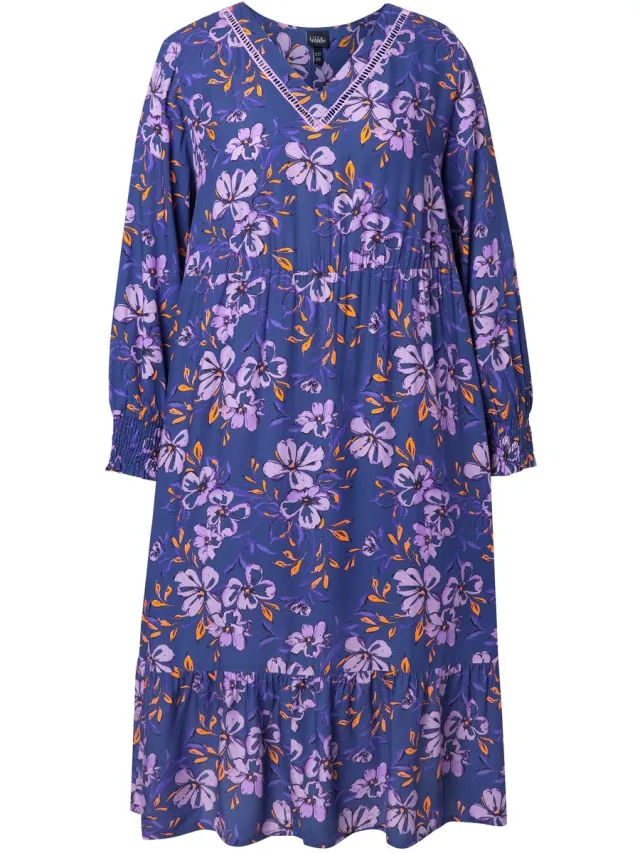 Ulla Popken Dames - Midi-jurk bloemen A-lijn V-hals lange mouw - Donkerblauw - Maat 58+
