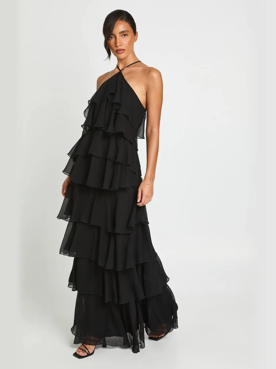 boohoo Dames Chiffon Maxi Jurk Met Ruches Detail zwart, foto 2