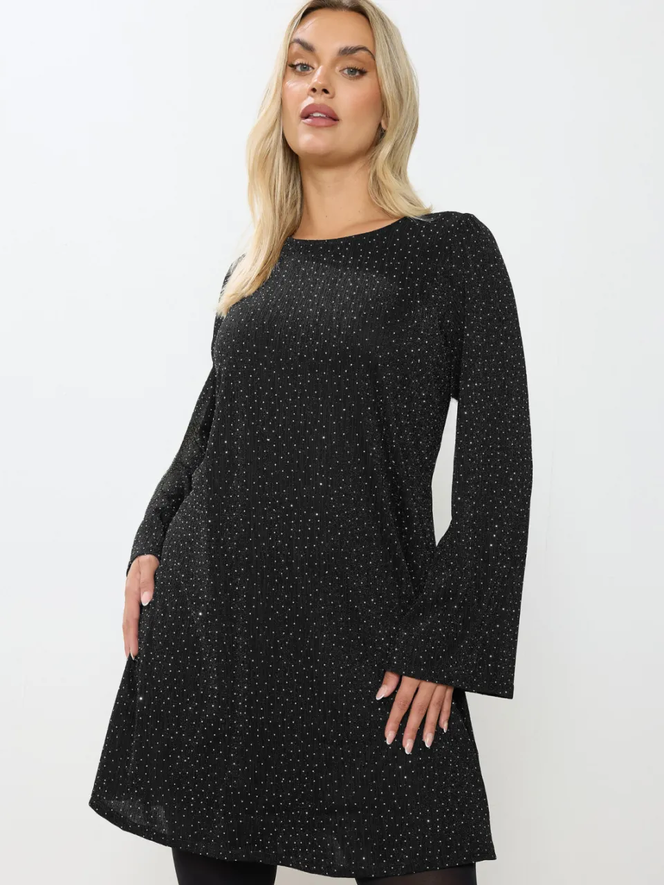 Yours Zwarte Sparkle Flute Sleeve Swing Jurk, foto 2