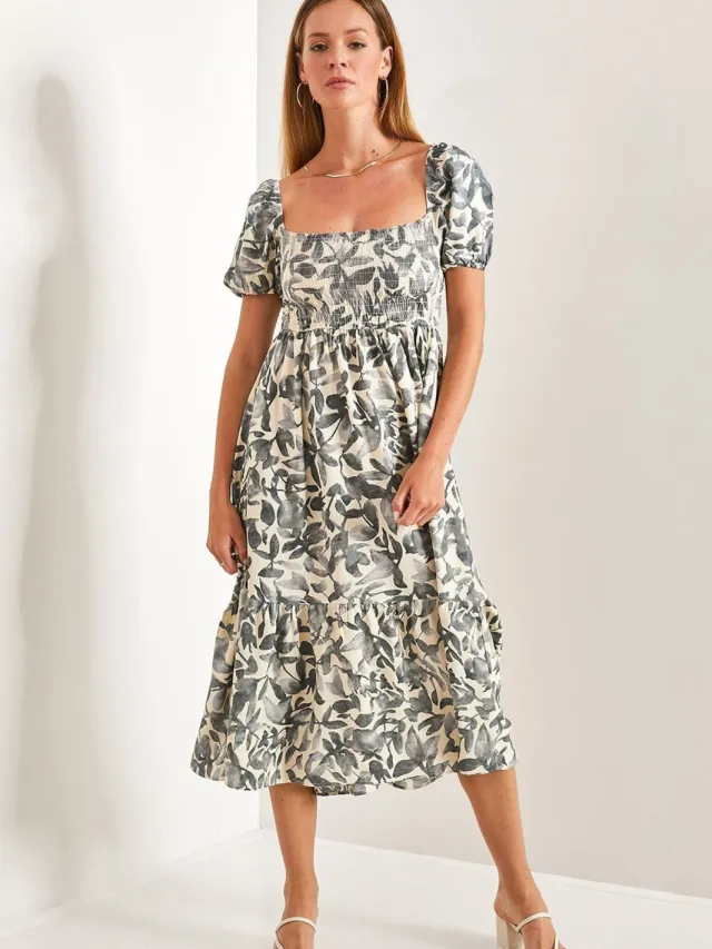 Bianco Lucci Bloemen Midi-jurk met Vierkante Kraag grijs, foto 2