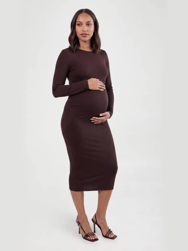 boohoo Dames Zwangerschaps Super Zacht Lange Mouw Midaxi Jurk Chocoladebruin