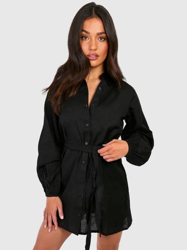 boohoo Dames Petite Linnen-look Overhemdjurk met Ceintuur Zwart