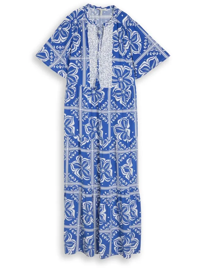 Tom Tailor Losvallende maxi-jurk met patroon - blue flower tile design