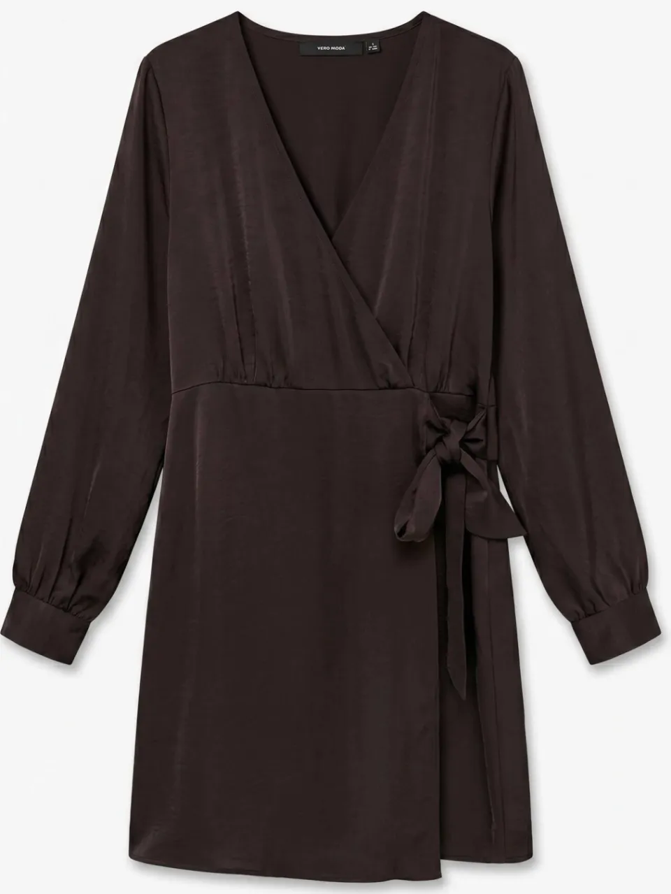 Vero Moda Curve x Wehkamp mini satijnen wikkeljurk Plus Size - donkerbruin, foto 2