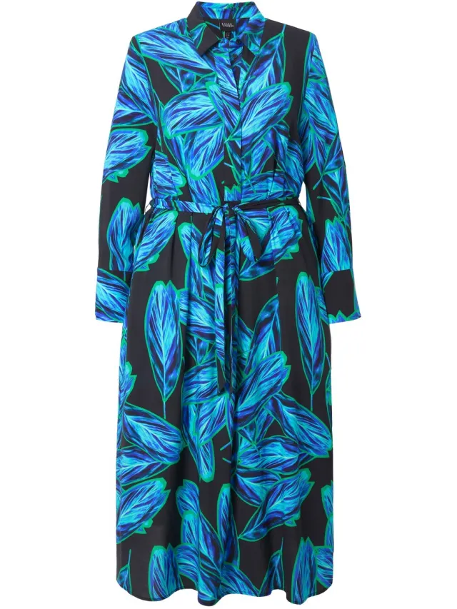 Ulla Popken Dames - Maxi-jurk bladeren A-lijn overhemdkraag lange mouwen - Zwart - Maat 46+