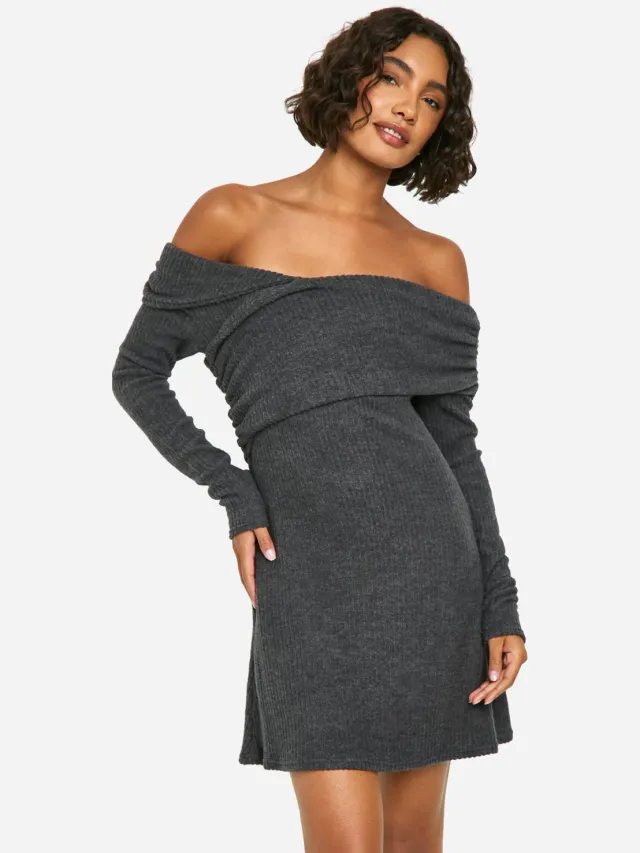boohoo Dames Tall Brushed Rib Asymmetrische Mini Jurk Houtskool