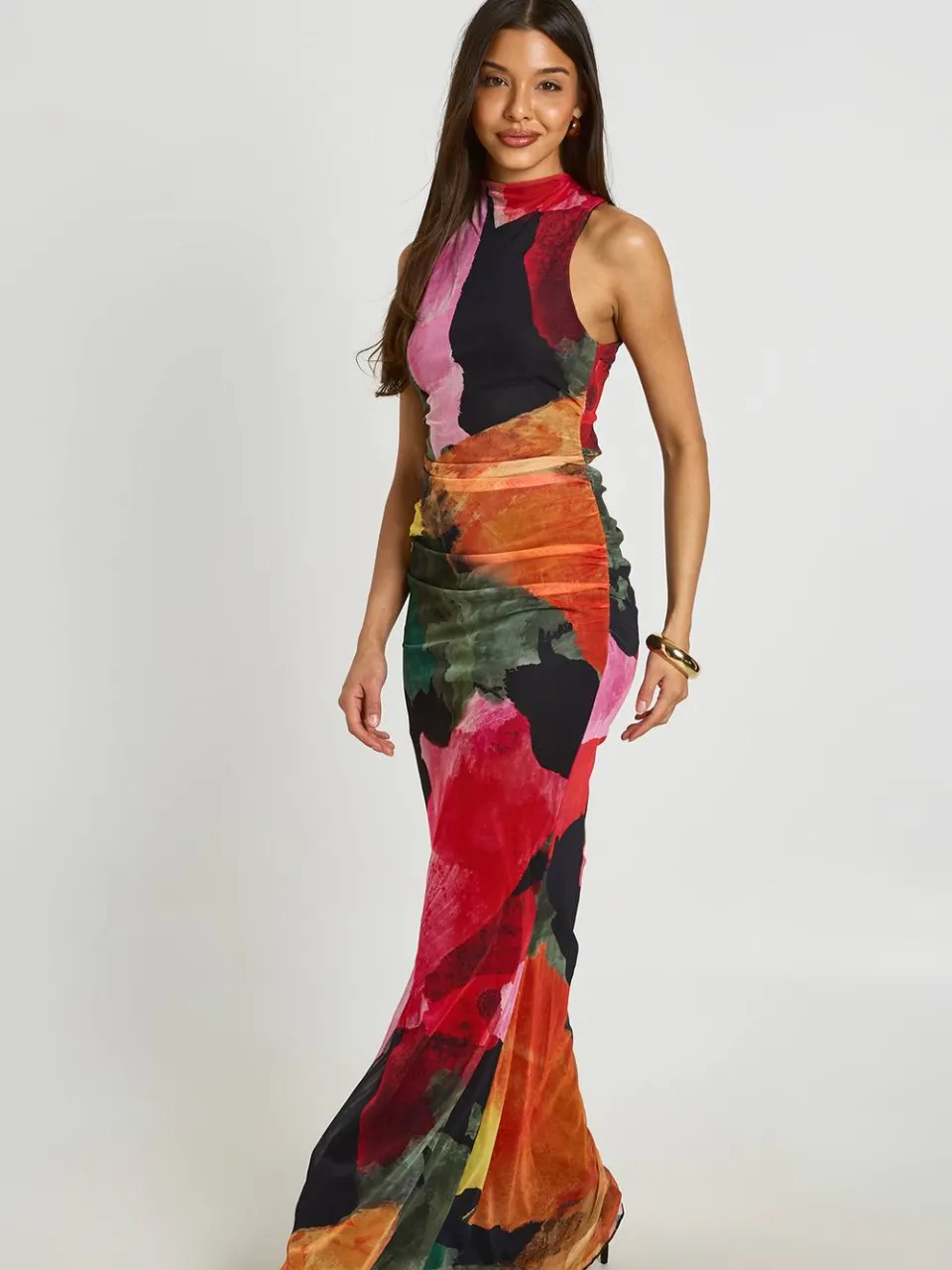 boohoo Dames Felgekleurde Gebloemde Maxi-jurk Met Gerimpeld Lijfje En Open Rug zwart, foto 3