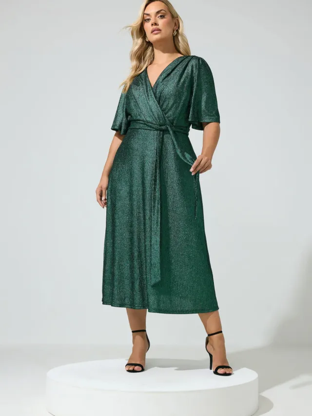 Yours London Groene Metallic Maxiwikkeljurk Green