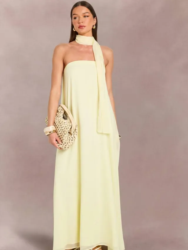 boohoo Dames Trapeze Maxi Jurk Met Sjaalkraag Tot Op De Grond Citroen