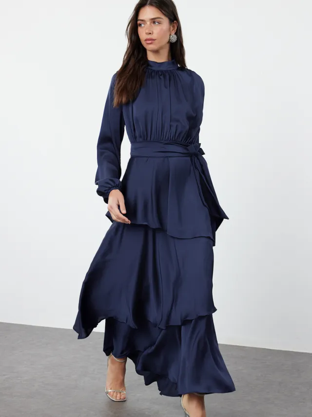 Trendyol Modest Dames Donkerblauw Effen Maxi Lang Stijlvol/Avond Skater Modest Avond Jurken Marineblauw/Blauw