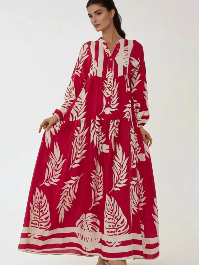 Hiccup Geprinte Lange Mouwen Viscose Maxi Jurk Rood