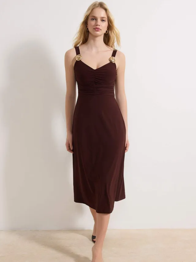 Turkishsouq Platte, mouwloze midi-jurk voor dames, geschikt voor overdag en 's avonds. Nauwsluitende bodycon-jurk. Bruin