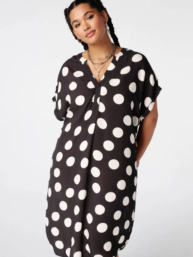 MS Mode viscose zomerjurk met plooien en stippen Plus Size - bruin Bruin/ecru
