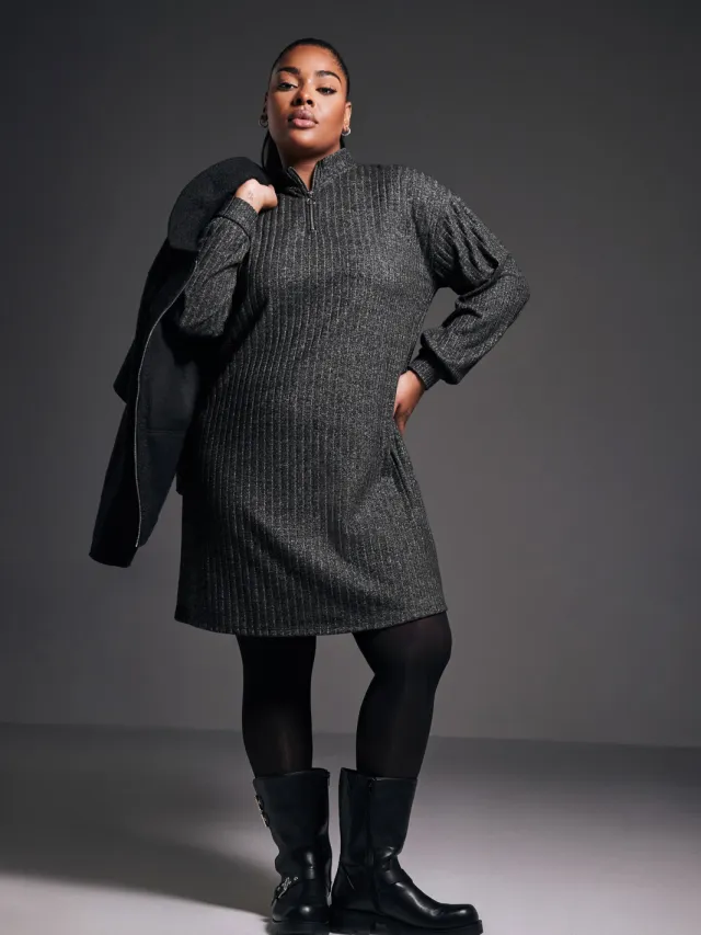 Yours Geribbelde Tuniekjurk Met Gedeeltelijke Rits In Grijs Grey