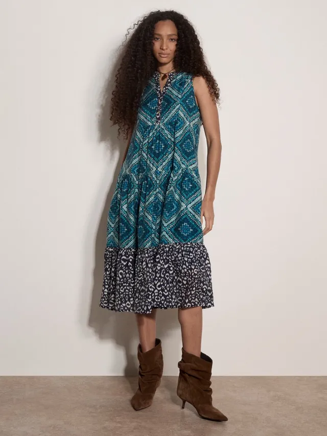 Apricot Geometrische patchwork midi-jurk met lagen Teal