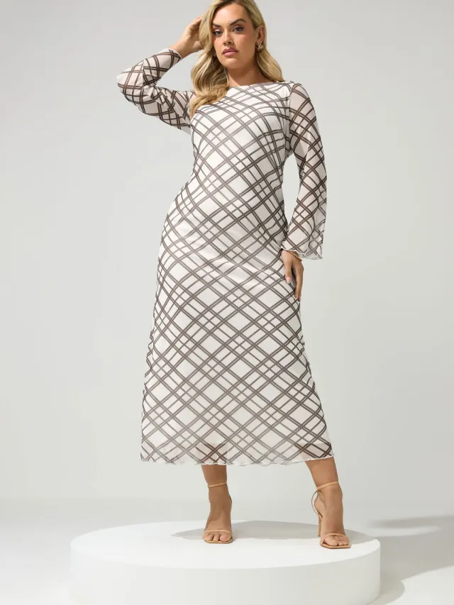 Yours London Ivoorwit En Bruin Geruite Meshjurk White