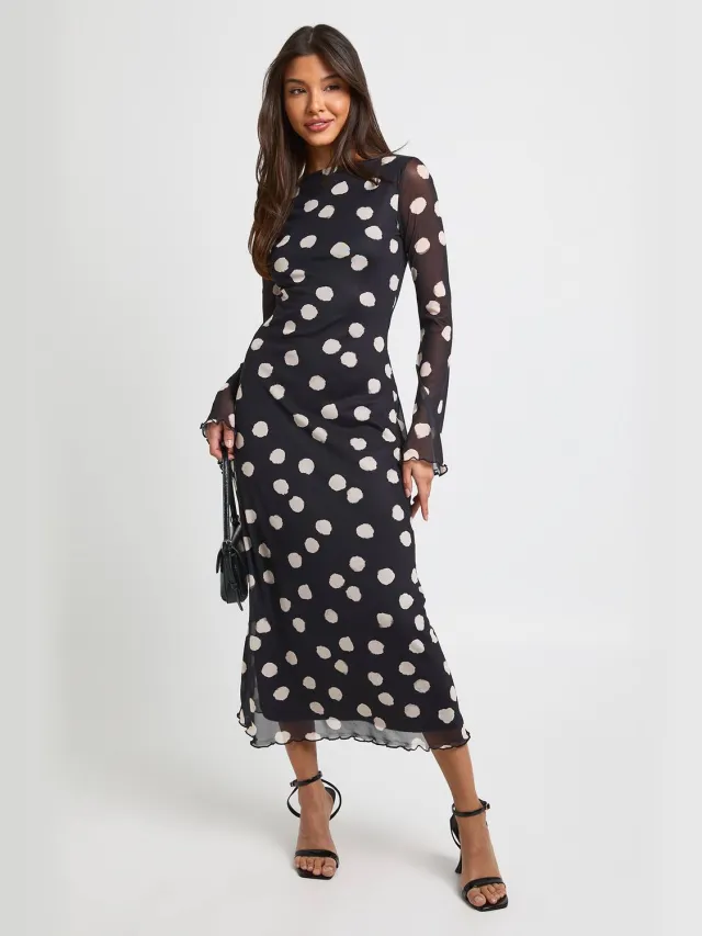 boohoo Dames Toonkleurige Polkadot Fit & Flare Mesh Midaxi Jurk Zwart