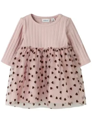 NAME IT BABY katoenen A-lijn jurk met hartjes mauve