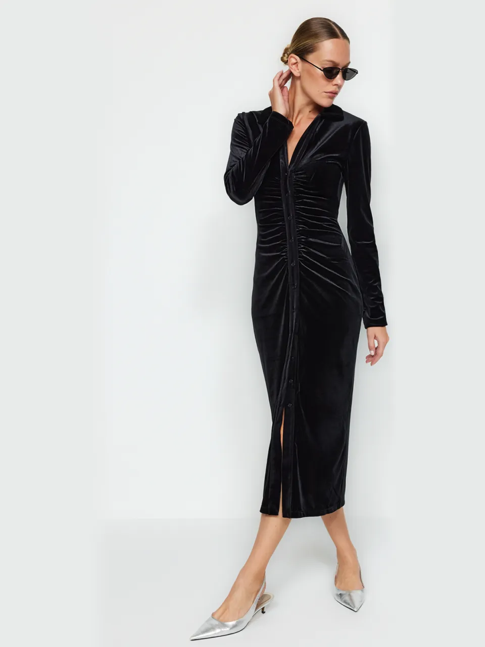 Trendyol TRENDYOLMİLLA Dames Zwart Effen Midi Lang Casual Bodycon Jurken