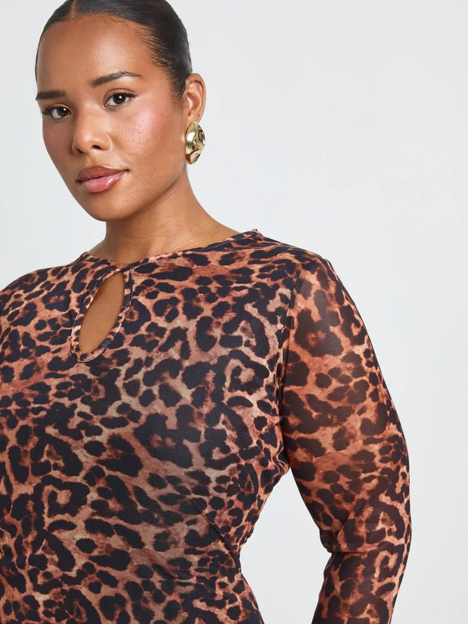 boohoo Dames Plus Luipaard Mesh Keyhole Maxi Jurk bruin, foto 3