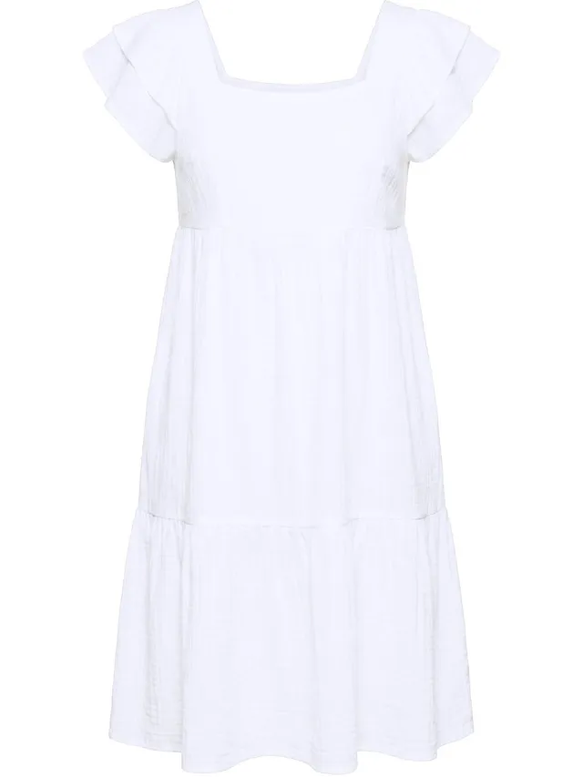 Angel of Style Dames - Mousseline jurk vierkante hals volants - Sneeuwwit