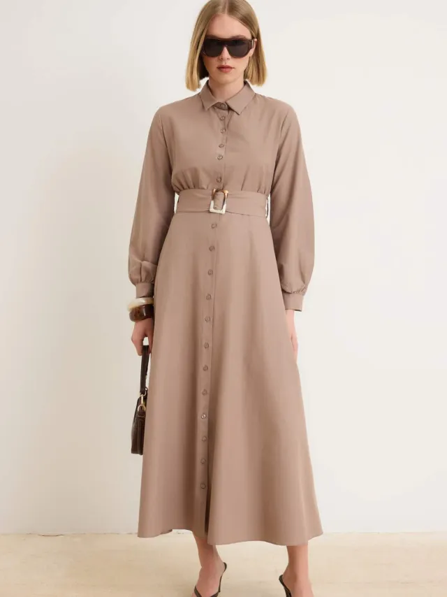 Trendyol Modest Dames Bruin Effen Maxi Lang Zakelijk Blousejurk Modest Jurken Taupe