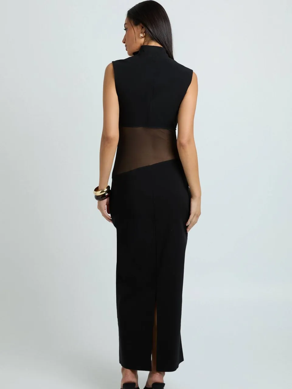 boohoo Dames Bengaline Jurk Met Mesh Detail, Hoge Hals En Midaxi Lengte zwart, foto 2