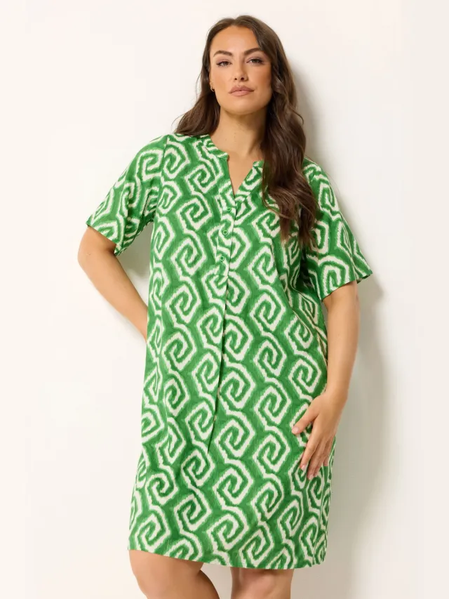 Yours Groene Jurk Met Geometrische Ikatprint En Plooien Aan De Voorkant Green