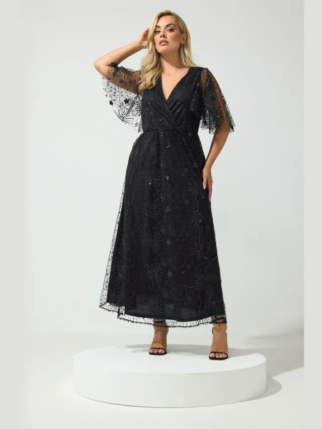 Yours London Zwarte Maxijurk Met Hemelsblauwe Pailletten Black