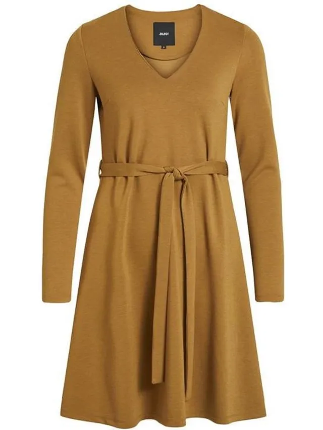 OBJECT COLLECTORS ITEM OBJSAVA L/S V-NECK DRESS SEASONAL Tapenade. Geel