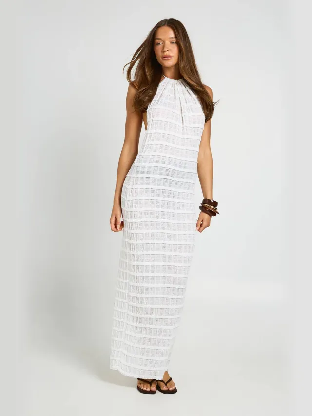 boohoo Dames Doorschijnende Gebreide Halter Maxi Jurk Crème